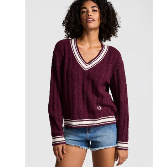 Victoria's Secret PINK Burgundy Collegiate V-Neck Sweater Size XS Oversized NWT - Picture 1 of 8